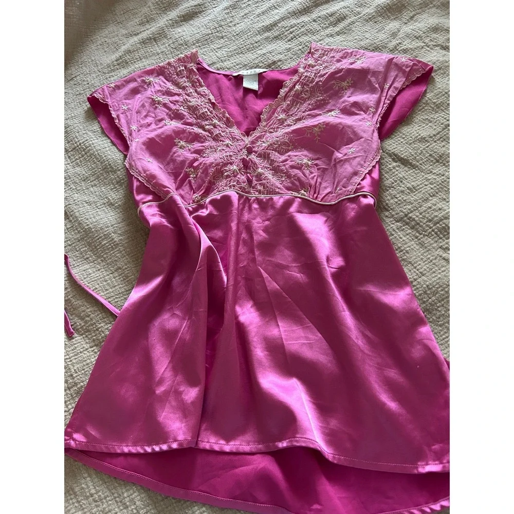 Vtg Tweeds Pink Embroidered Babydoll Cap Sleeve Tunic Tie Waist L Coquette Fairy - Picture 7 of 14